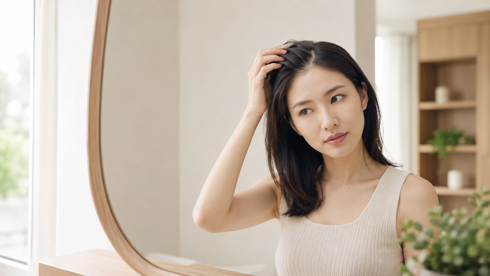 女性在镜前观察发缝和头顶状态,适合用于发缝变宽与头顶变稀的自查主题图
