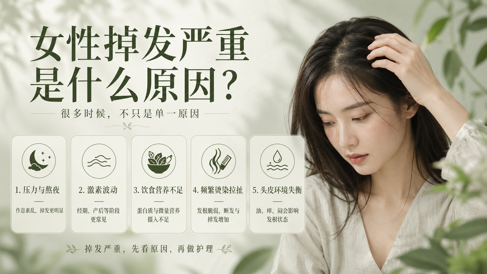 女性掉发原因主题图，展示压力作息、激素波动、饮食营养、频繁染烫拉扯和头皮状态等常见因素
