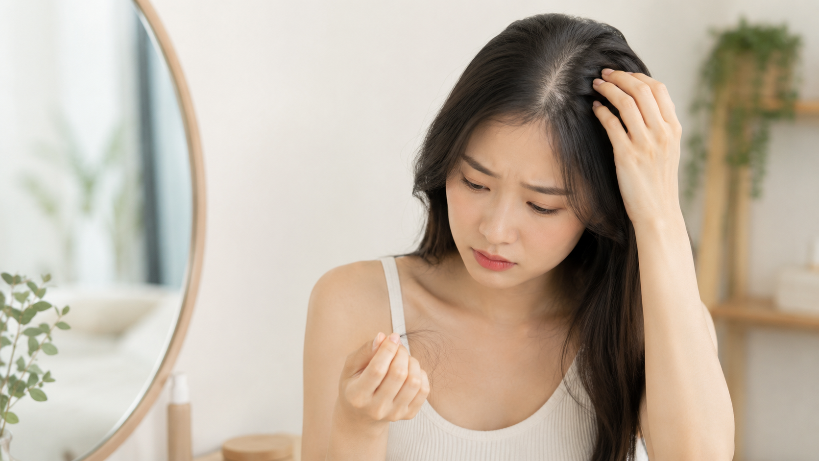 女性观察发缝和掉发状态的生活场景，提醒持续掉发或发缝变化需要结合头皮状态判断