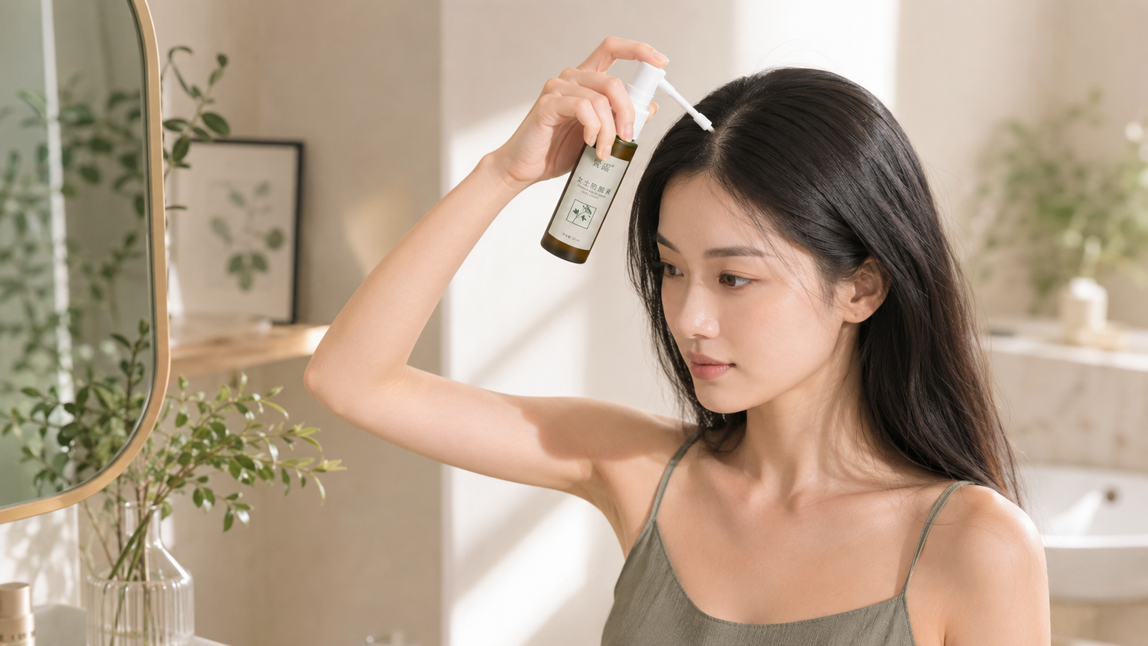 女性日常使用鬒露女士防脱液的护理场景,体现草本复配产品用于头皮日常护理